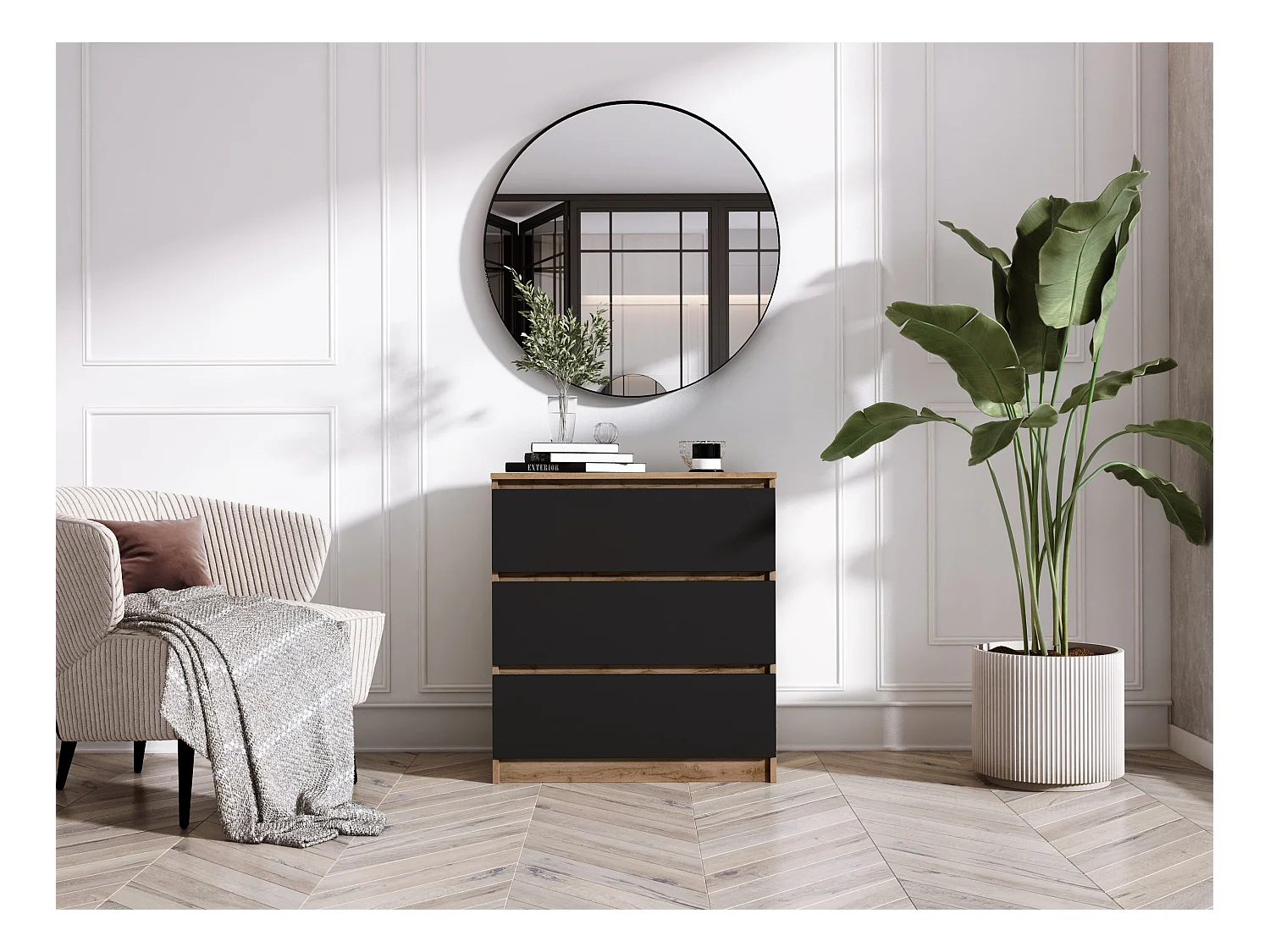 Kommode mit 3 Schubladen: Wotan-Eiche / Mattschwarz, 70 x 39 x 79 cm