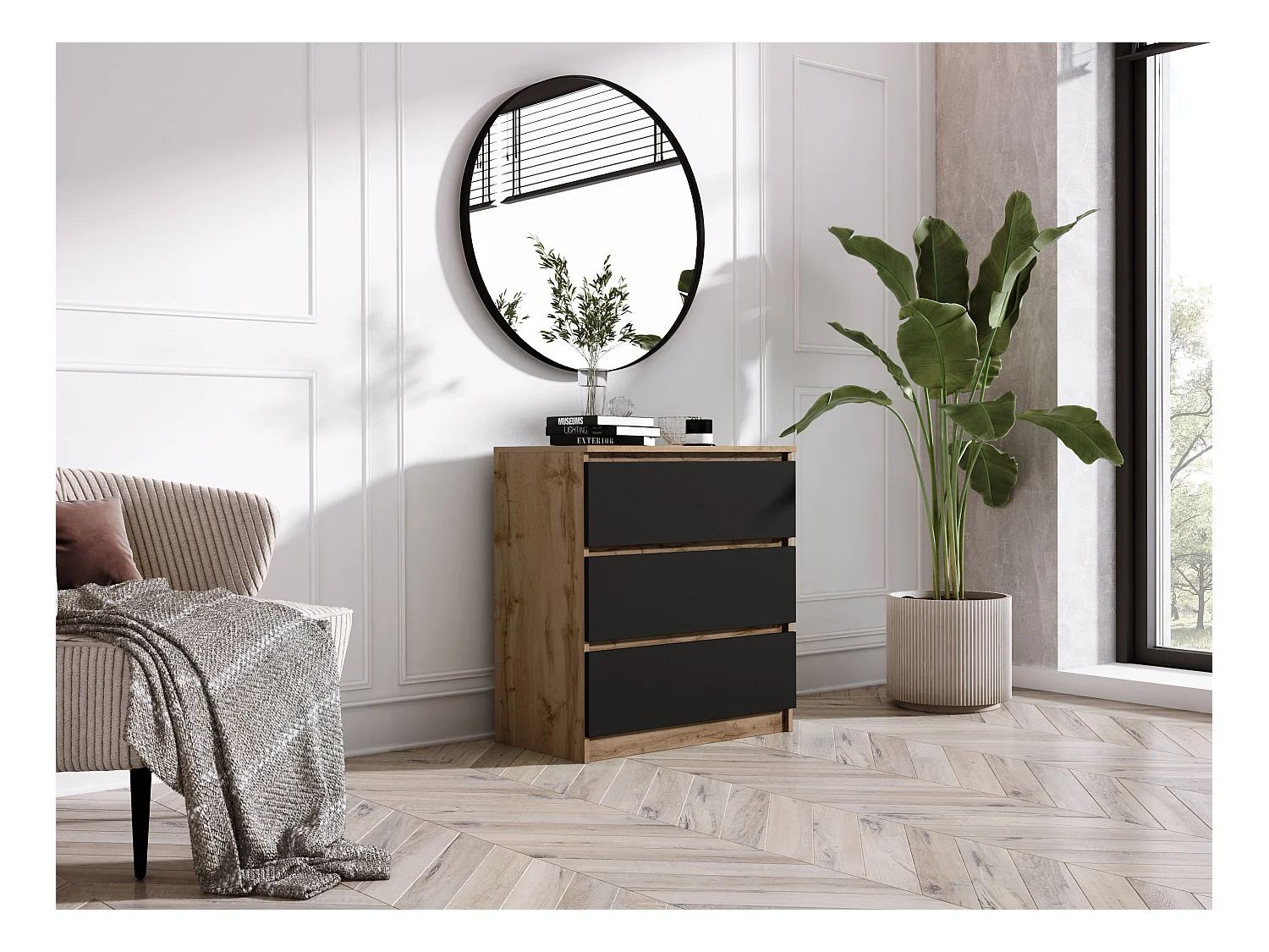 Commode 3 Tiroirs : Chêne Wotan / Noir Mat, 70 x 39 x 79 cm