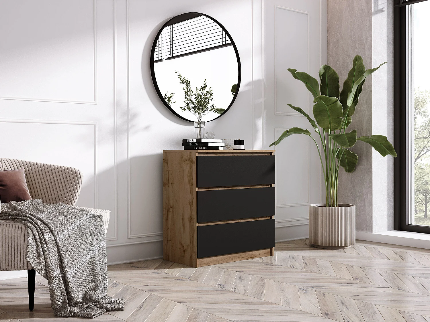 Commode 3 Tiroirs : Chêne Wotan / Noir Mat, 70 x 39 x 79 cm