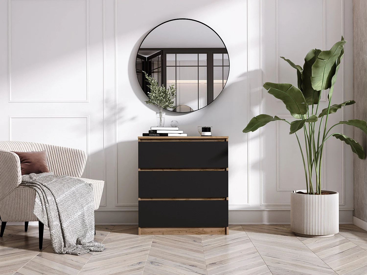 Commode 3 Tiroirs : Chêne Wotan / Noir Mat, 70 x 39 x 79 cm