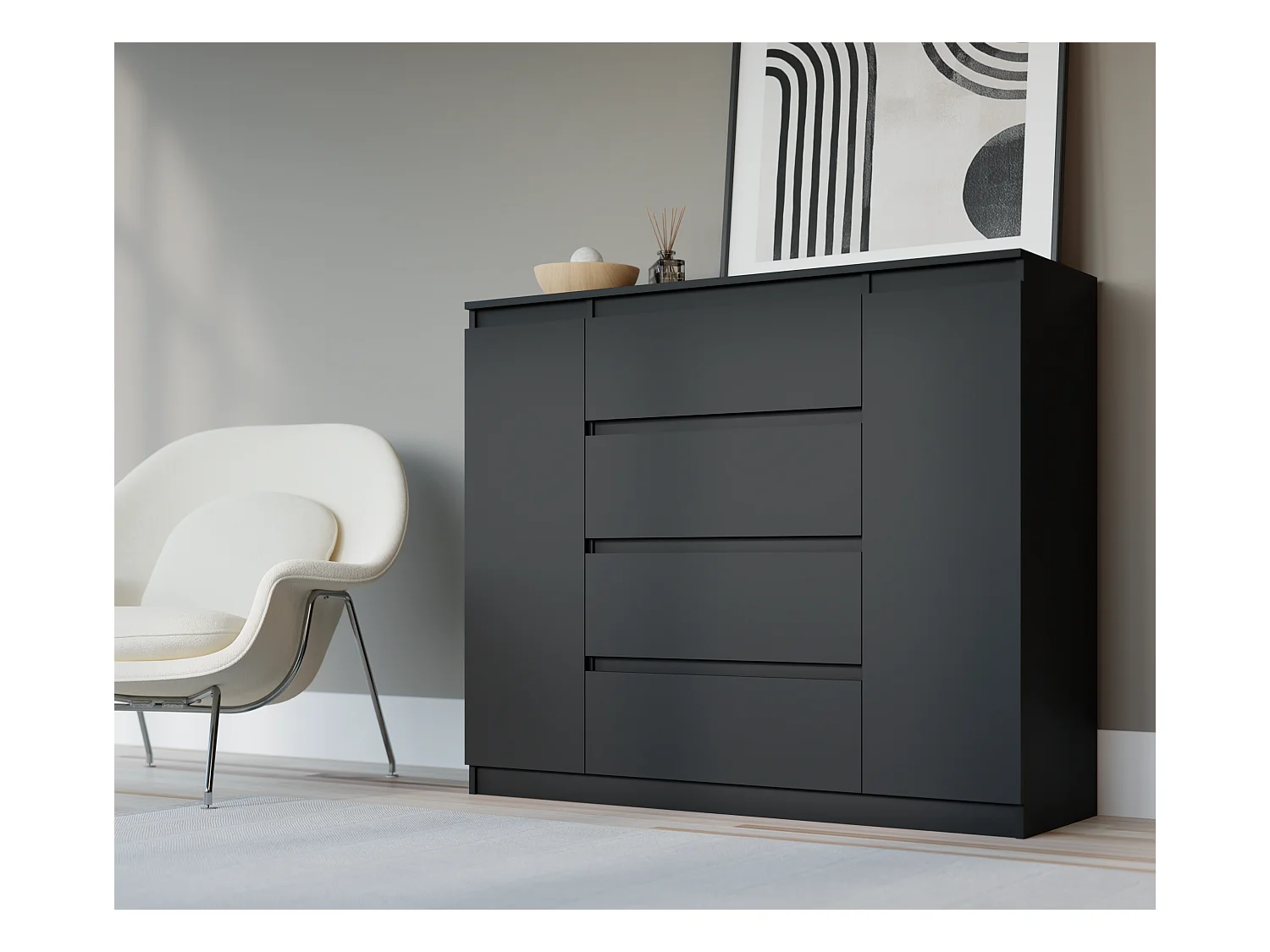 Commode : Noir Mat, 120 x 39 x 101 cm, 2 Portes, 4 Tiroirs
