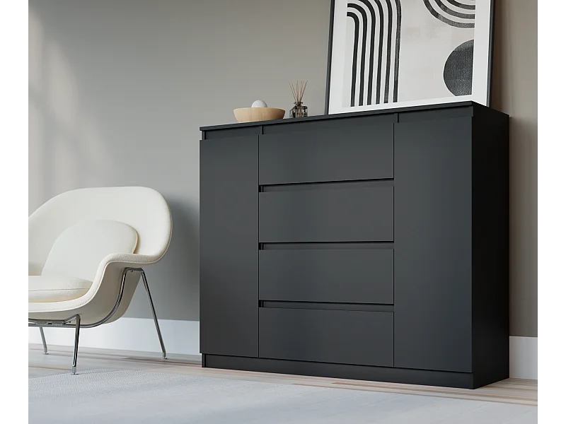 Cassettiera: Nero Opaco, 120 x 39 x 101 cm, 2 Ante, 4 Cassetti