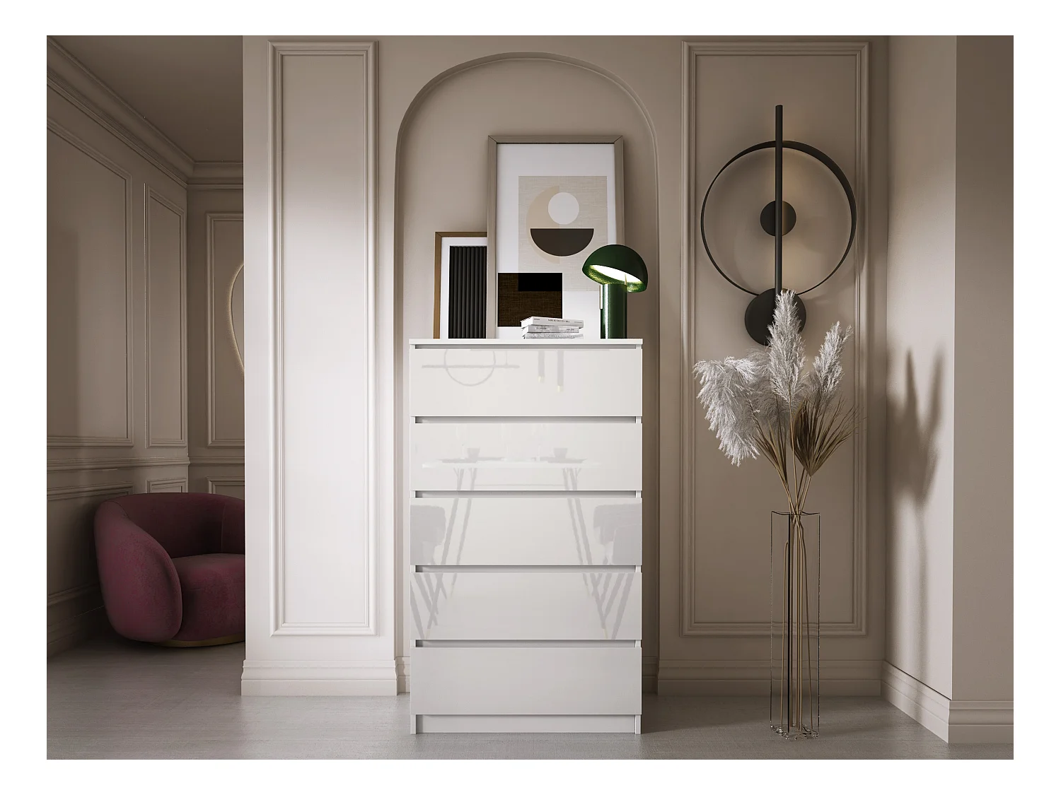 Cómoda com 5 gavetas: Branco Mate / Branco Brilhante, 70 x 39 x 125 cm