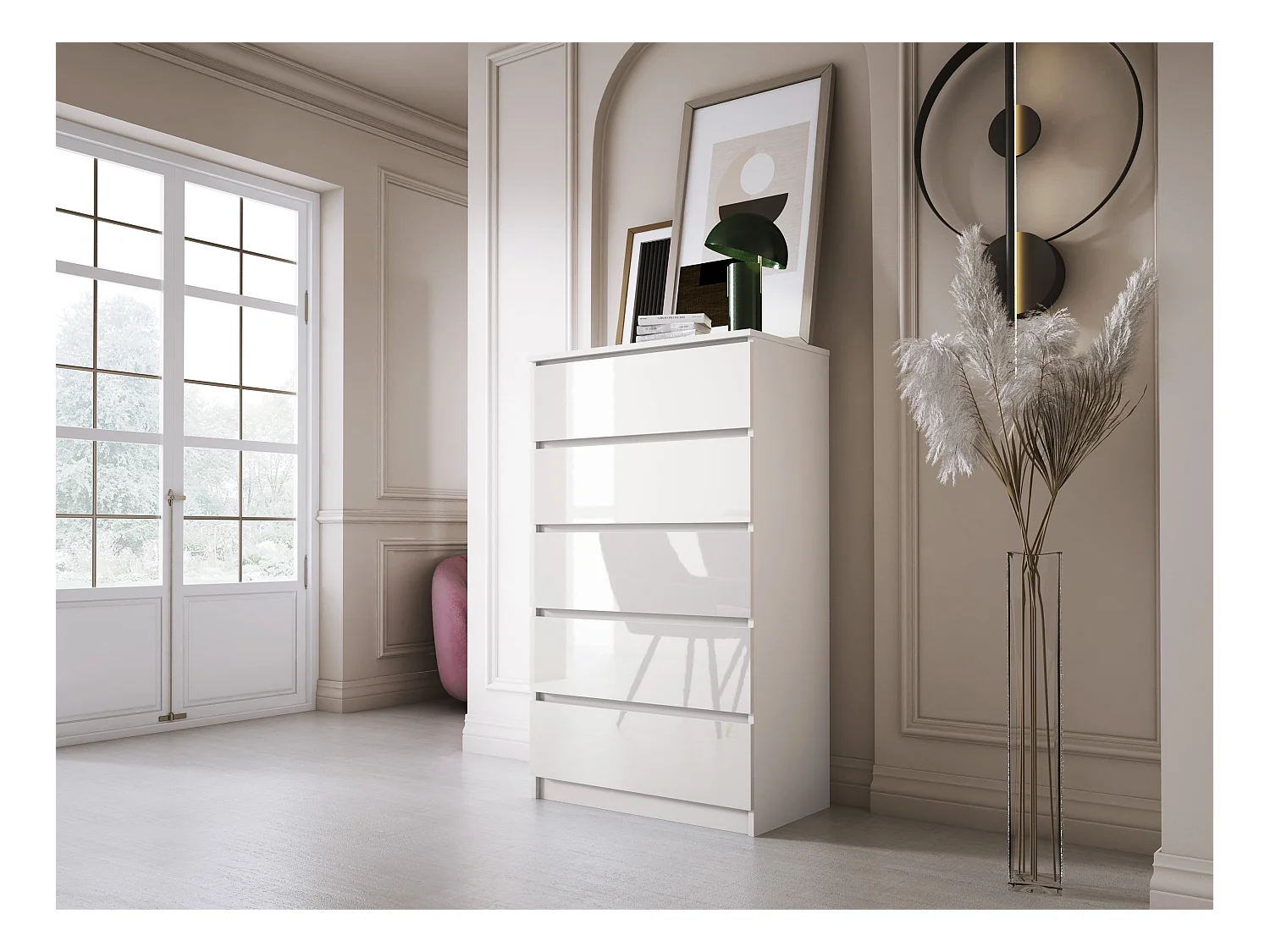 Commode 5 Tiroirs : Blanc Mat / Blanc Brillant, 70 x 39 x 125 cm