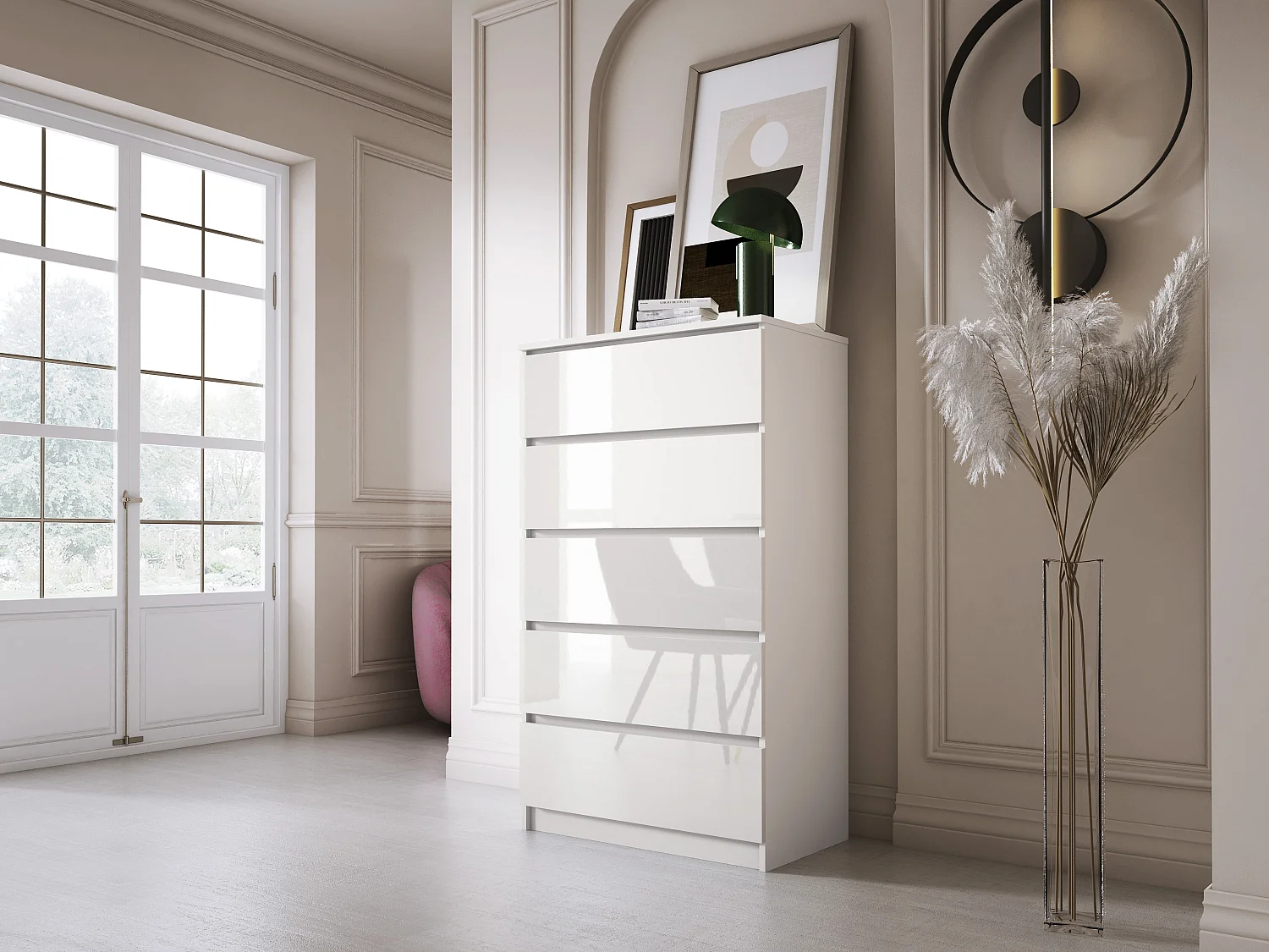 Commode 5 Tiroirs : Blanc Mat / Blanc Brillant, 70 x 39 x 125 cm