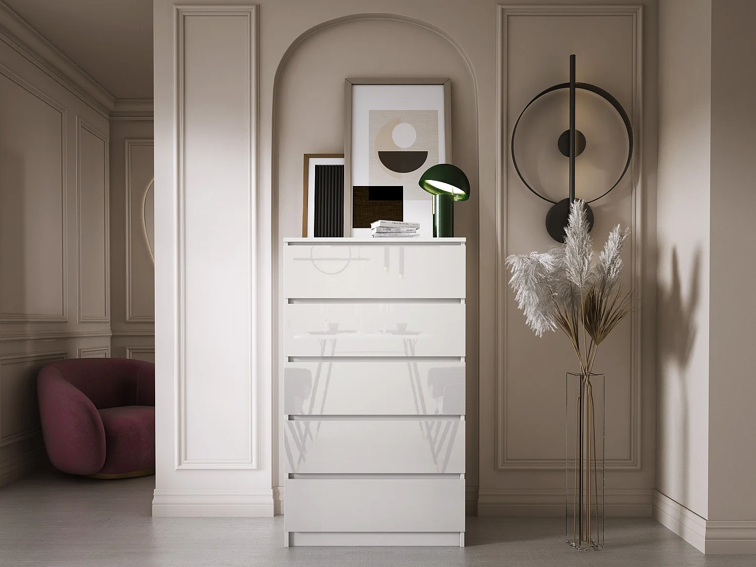 Commode 5 Tiroirs : Blanc Mat / Blanc Brillant, 70 x 39 x 125 cm