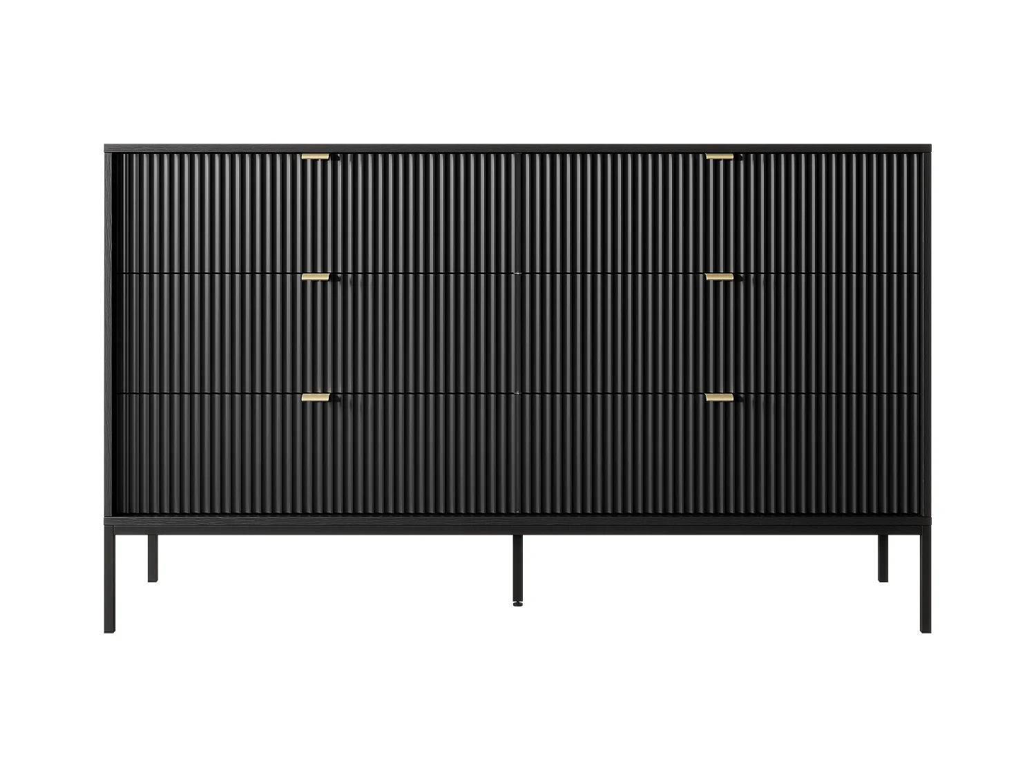 Komoda: 6 szuflad, czarna, czarne nogi, 154 x 39 x 83 cm, złote uchwyty