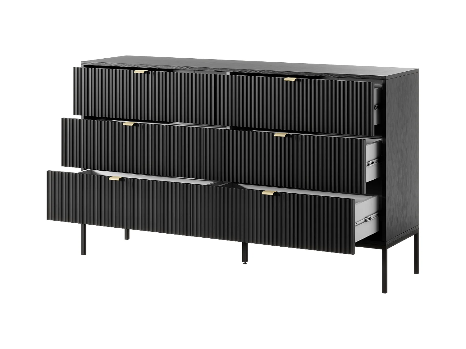 Komoda: 6 szuflad, czarna, czarne nogi, 154 x 39 x 83 cm, złote uchwyty