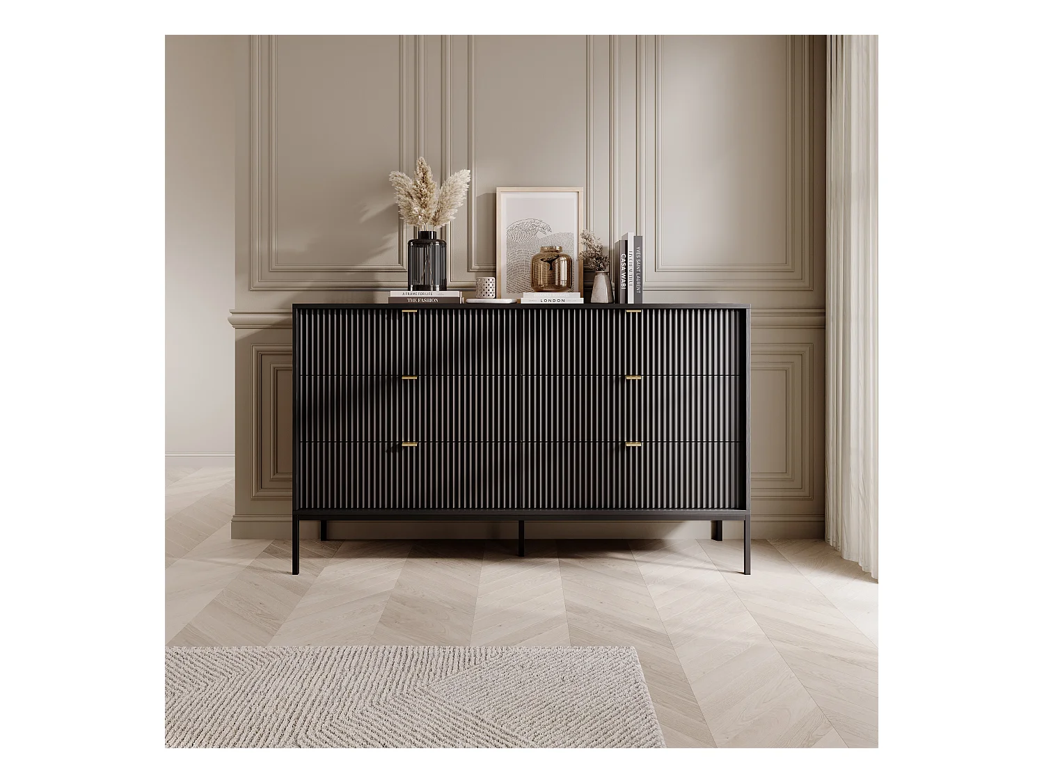 Komoda: 6 szuflad, czarna, czarne nogi, 154 x 39 x 83 cm, złote uchwyty
