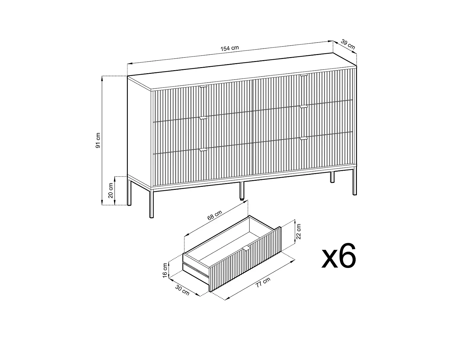 Komoda: 6 szuflad, czarna, czarne nogi, 154 x 39 x 83 cm, złote uchwyty