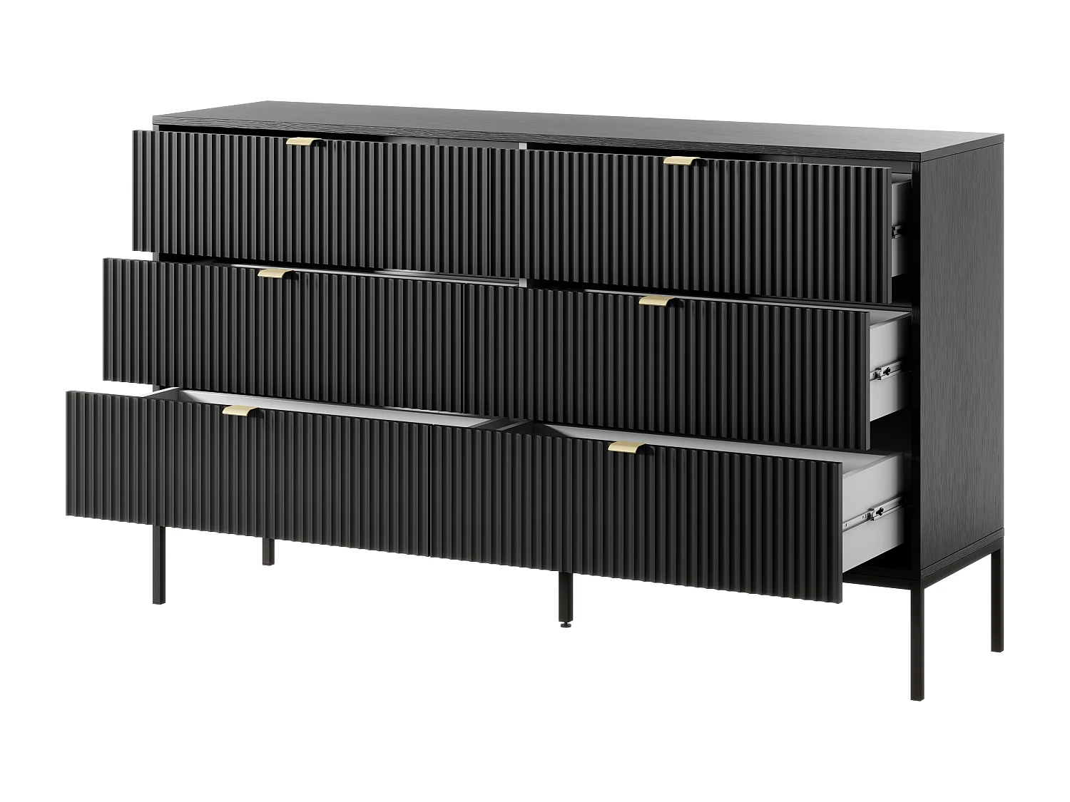 Commode : 6 Tiroirs, Noir, Pieds Noirs, 154 x 39 x 83 cm, poignées dorées