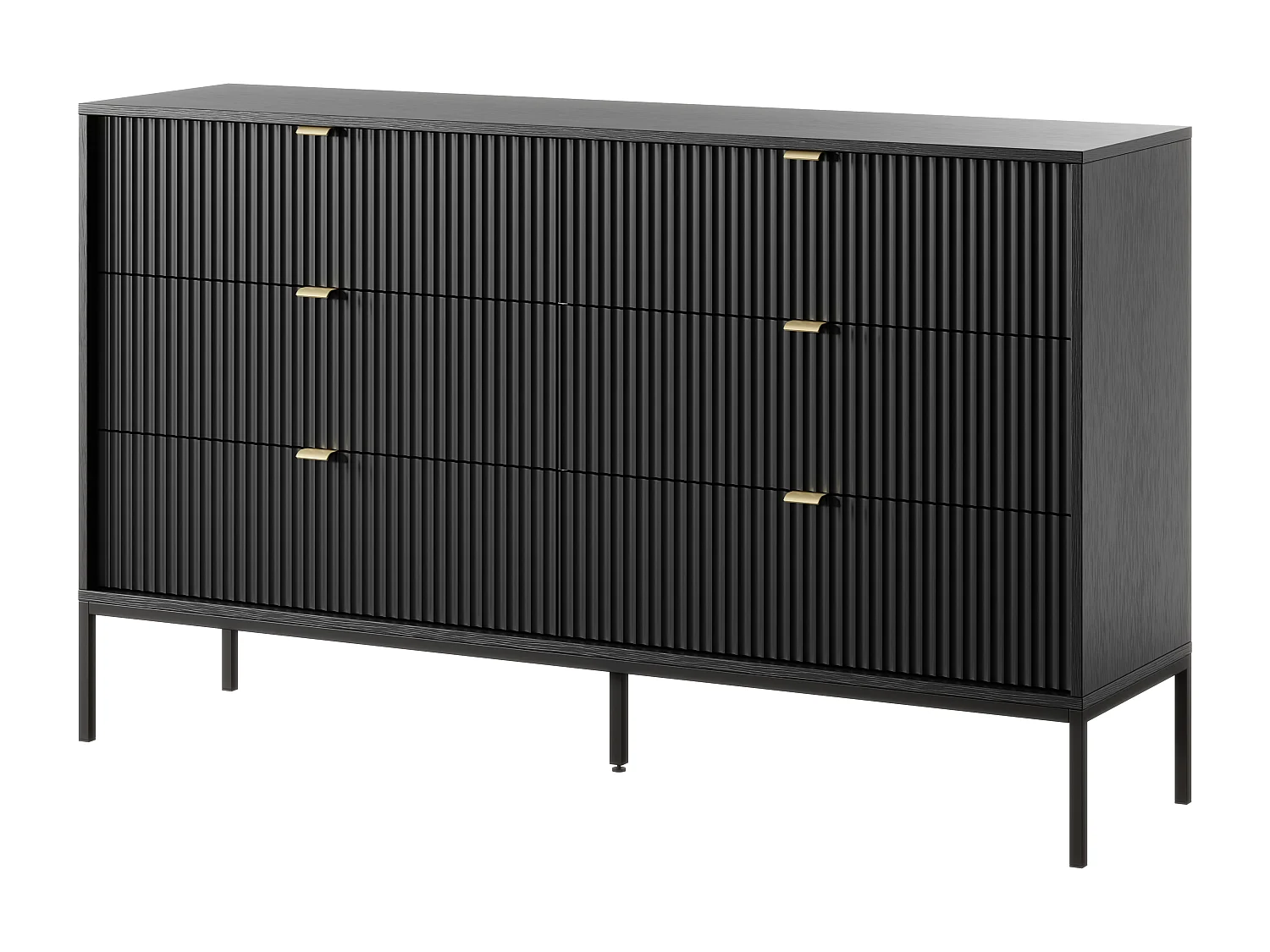 Commode : 6 Tiroirs, Noir, Pieds Noirs, 154 x 39 x 83 cm, poignées dorées