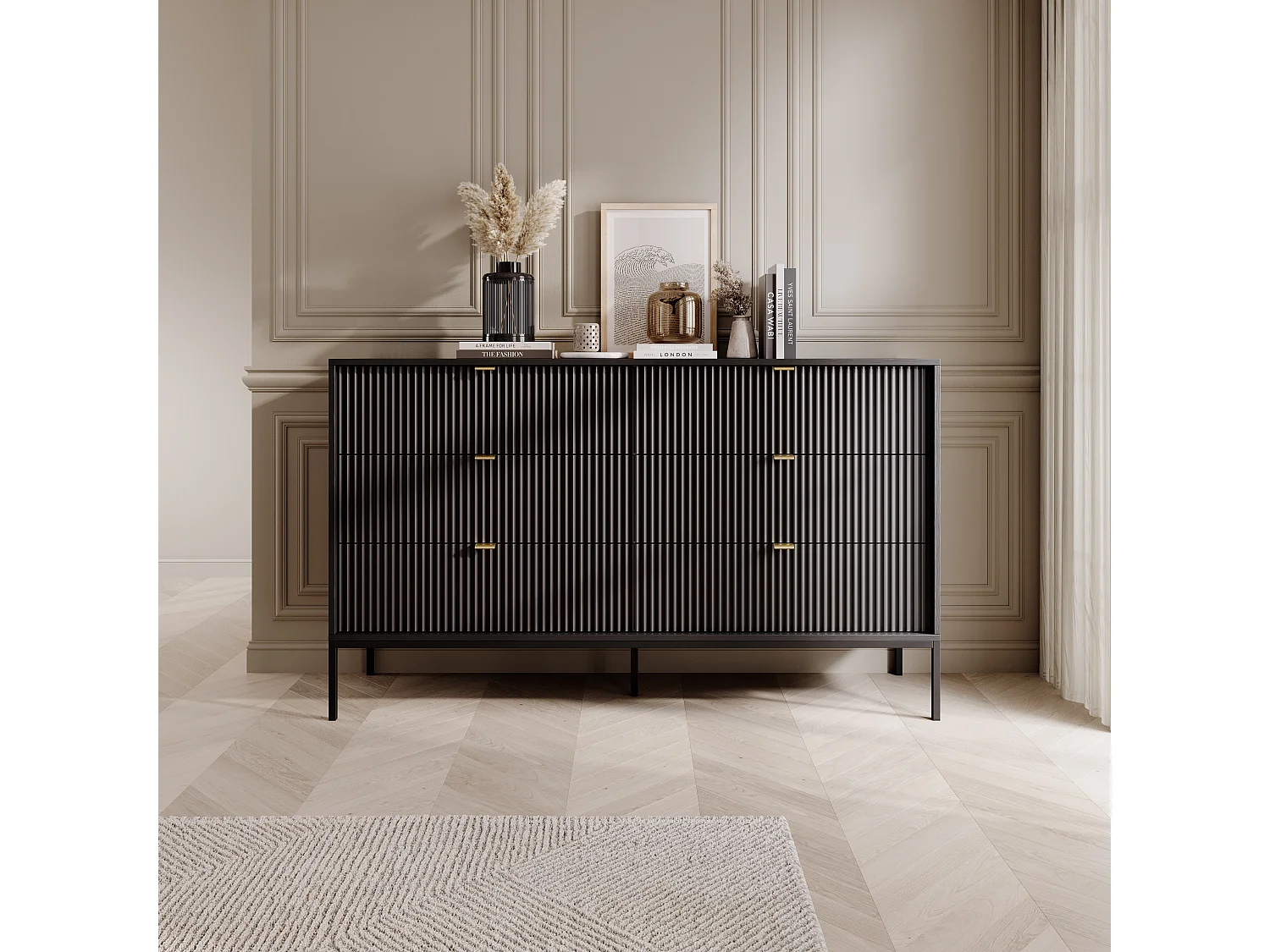 Commode : 6 Tiroirs, Noir, Pieds Noirs, 154 x 39 x 83 cm, poignées dorées