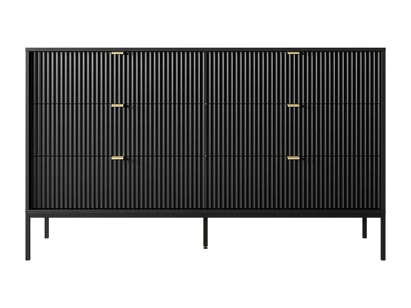 Ladekast: 6 lades, zwart, zwarte poten, 154 x 39 x 83 cm, gouden handgrepen