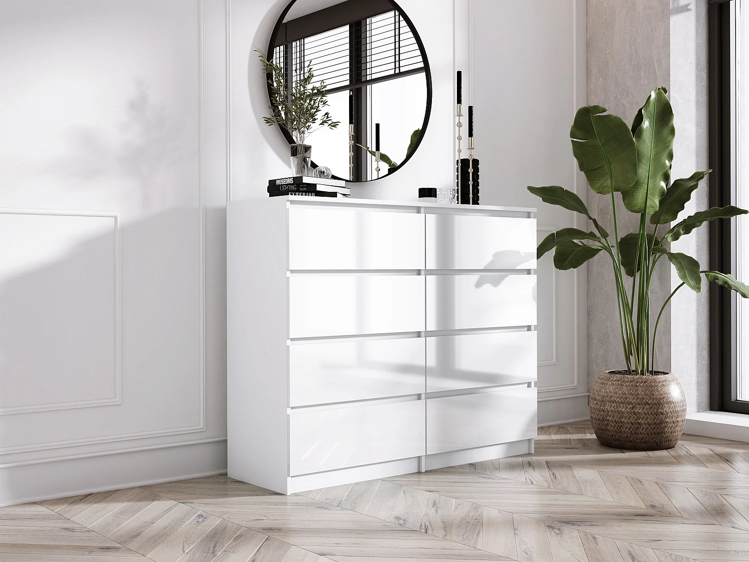 Commode 8 tiroirs : Blanc Mat / Blanc Brillant, 120 x 39 x 101 cm