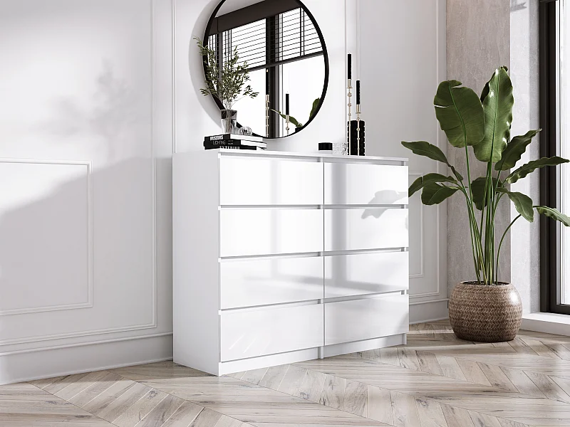 Commode 8 tiroirs : Blanc Mat / Blanc Brillant, 120 x 39 x 101 cm