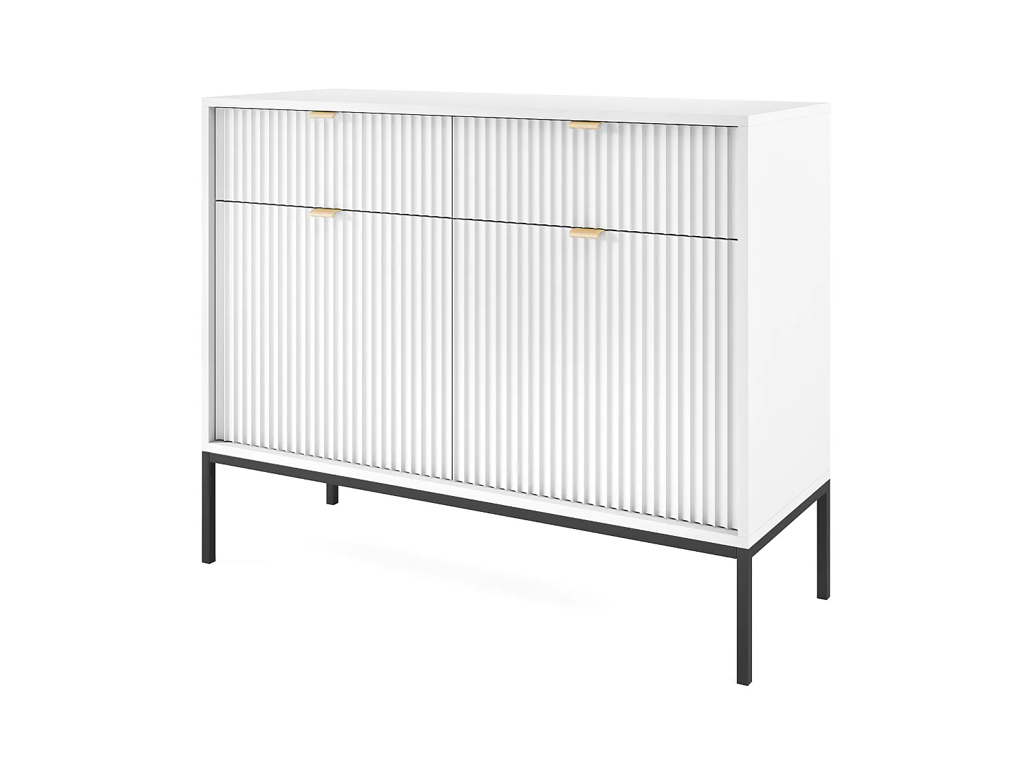 Cômoda: 2 gavetas, 2 portas, branco, preto, 104 x 83 x 39 cm, puxadores dourados