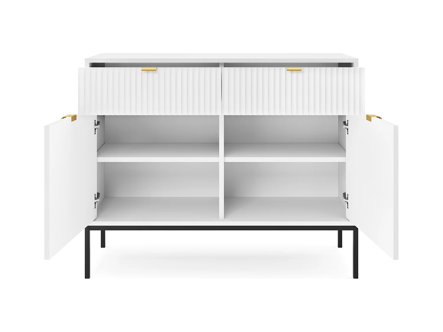 Cômoda: 2 gavetas, 2 portas, branco, preto, 104 x 83 x 39 cm, puxadores dourados