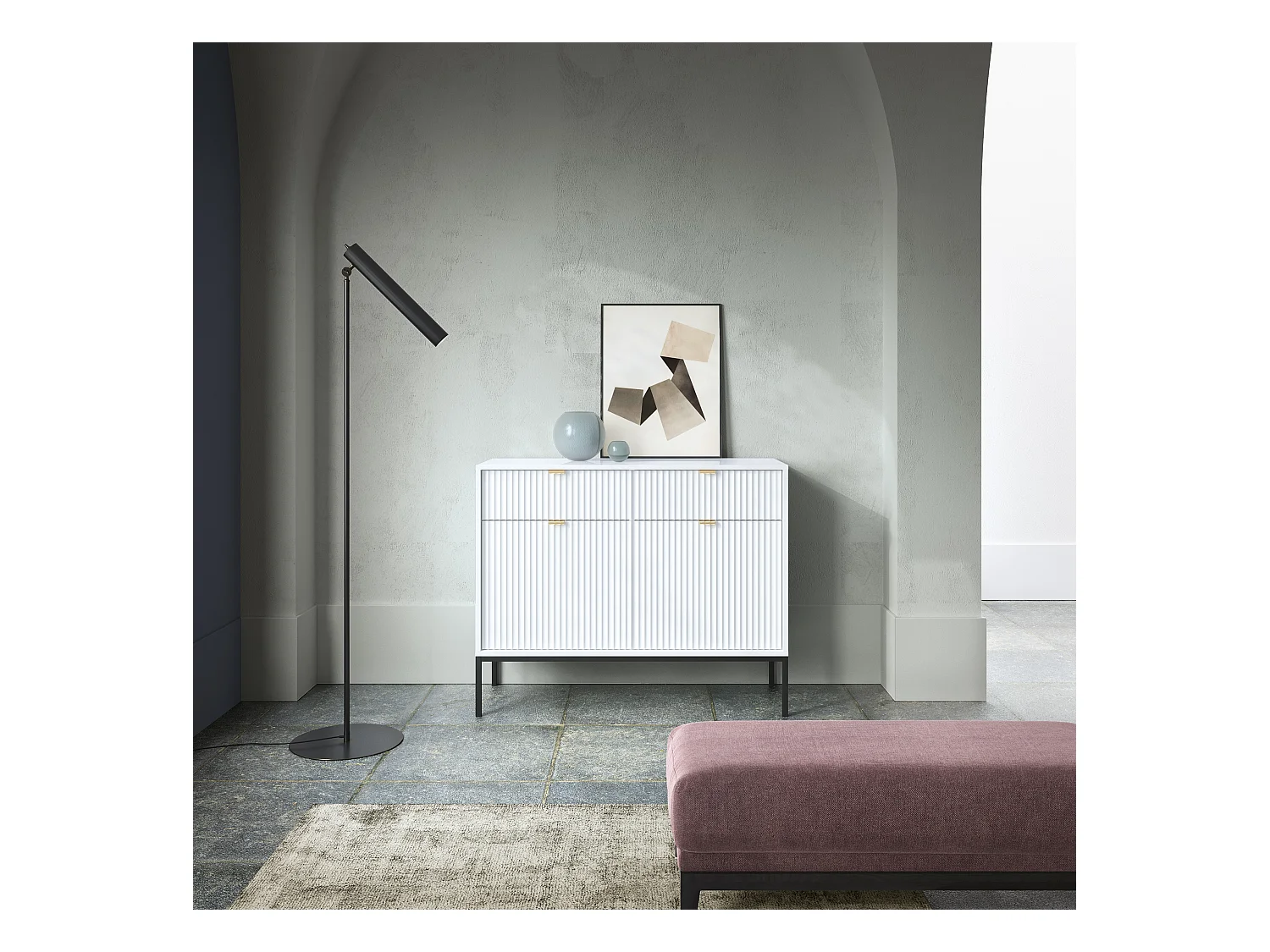 Cômoda: 2 gavetas, 2 portas, branco, preto, 104 x 83 x 39 cm, puxadores dourados