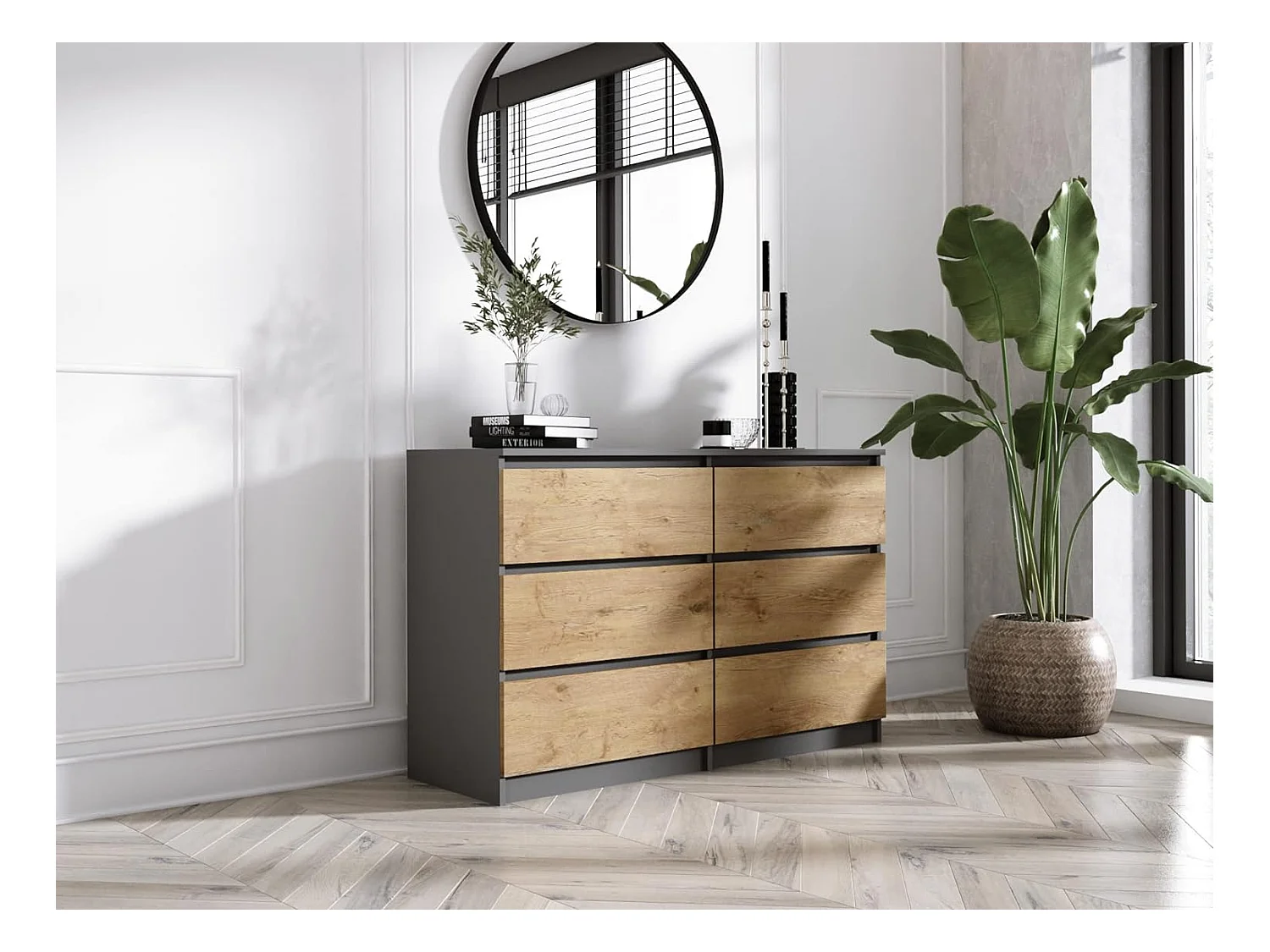 Commode 6 Tiroirs : Anthracite / Chêne Lancelot, 120 x 79 x 39 cm