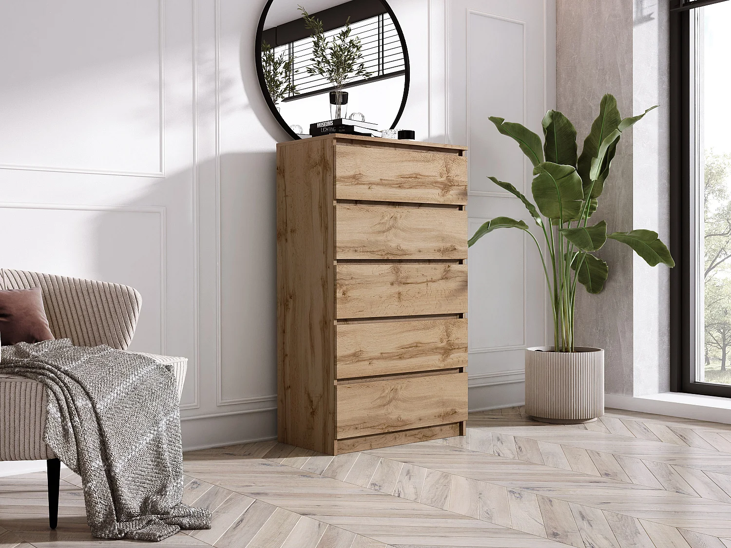 Commode 5 Tiroirs : Chêne Wotan, 70 x 39 x 125 cm