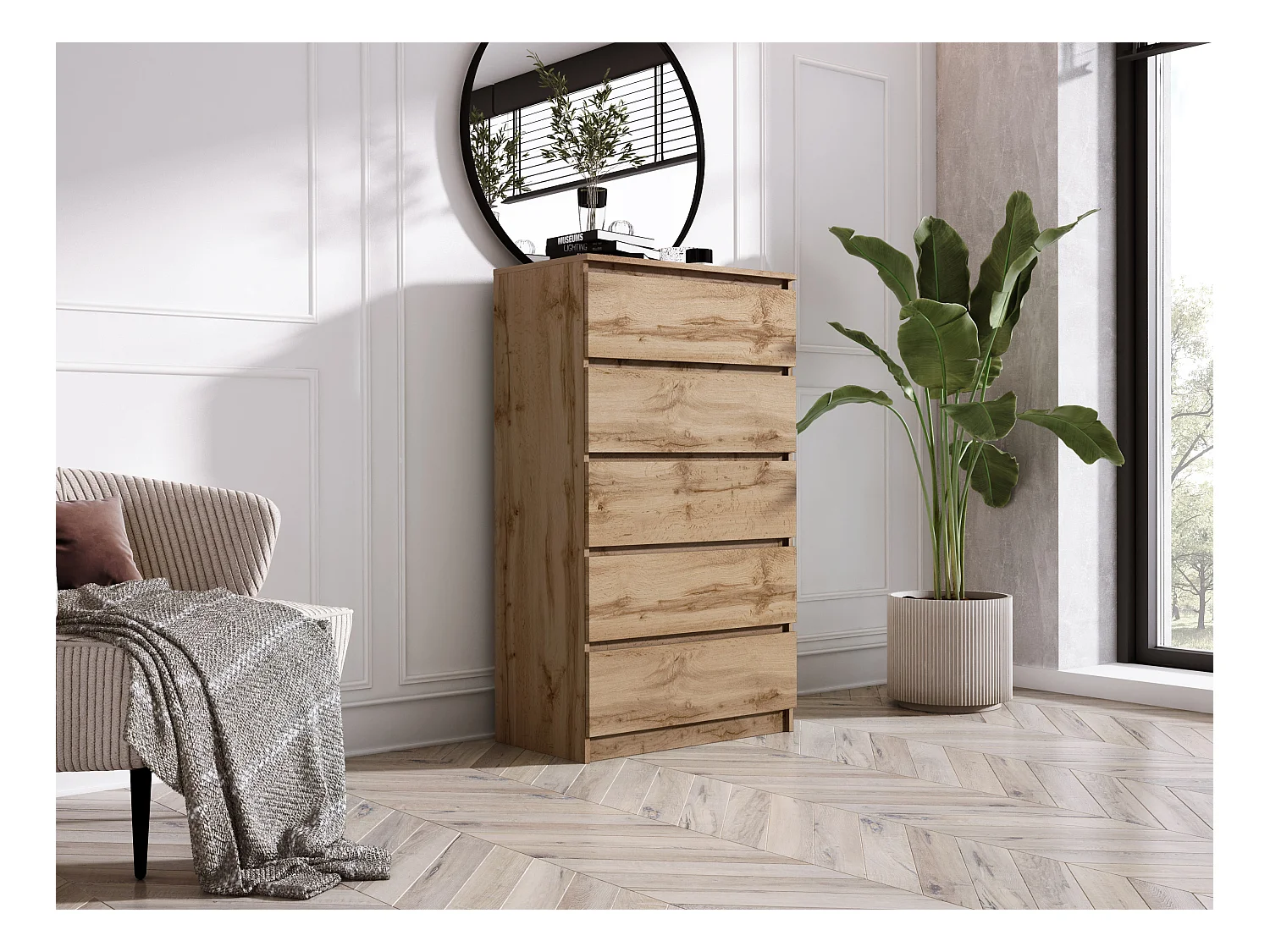 Commode 5 Tiroirs : Chêne Wotan, 70 x 39 x 125 cm
