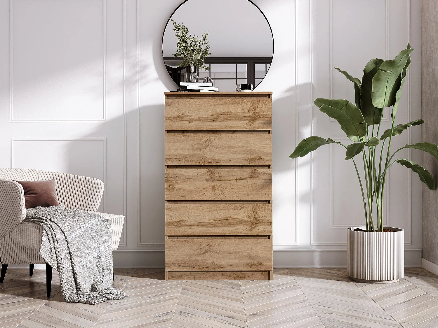 Commode 5 Tiroirs : Chêne Wotan, 70 x 39 x 125 cm