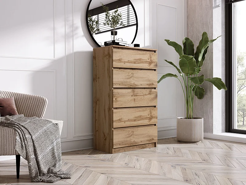 Cassettiera a 5 cassetti: rovere Wotan, 70 x 39 x 125 cm