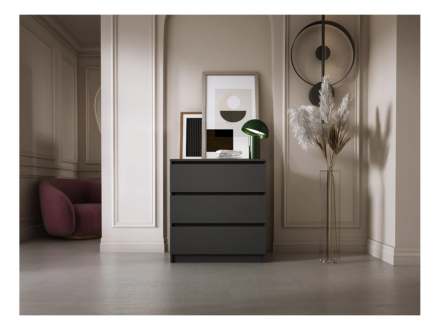 Kommode mit 3 Schubladen, Mattschwarz, 70 x 39 x 79 cm