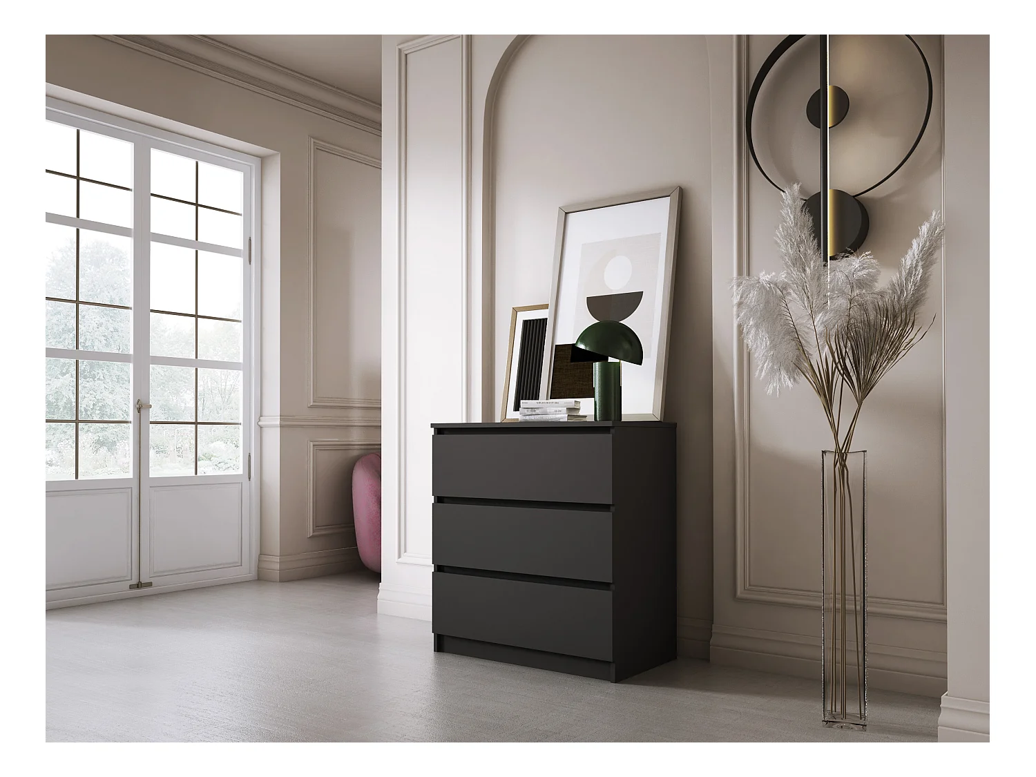 Commode 3 Tiroirs, Noir Mat, 70 x 39 x 79 cm