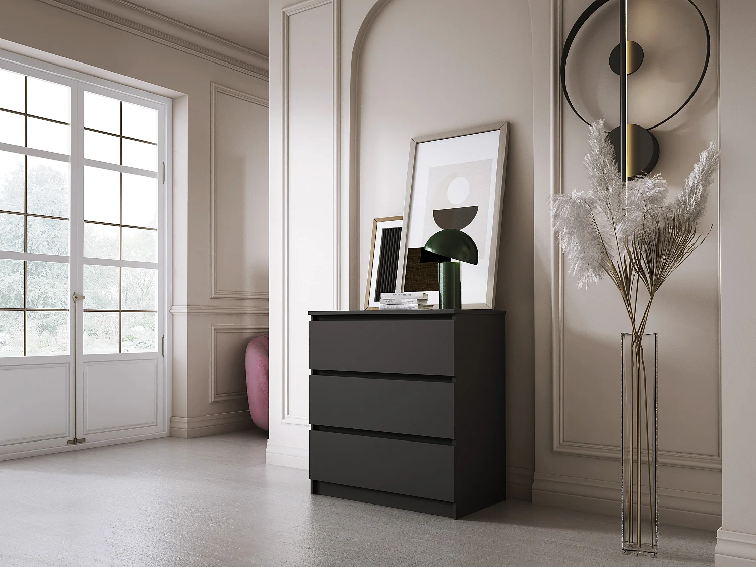 Commode 3 Tiroirs, Noir Mat, 70 x 39 x 79 cm