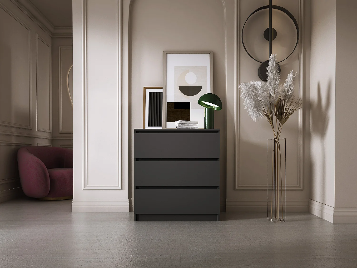 Commode 3 Tiroirs, Noir Mat, 70 x 39 x 79 cm