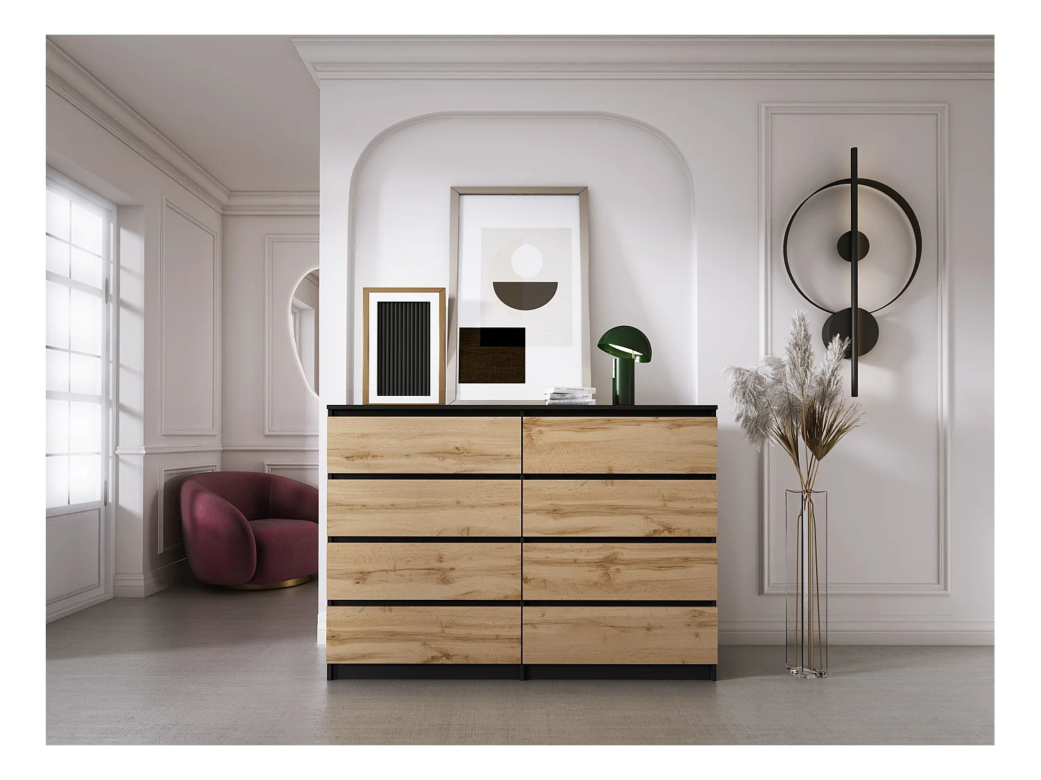 Komoda z 8 szufladami, Czarny Matowy / Dąb Wotan, 138 x 101 x 39 cm