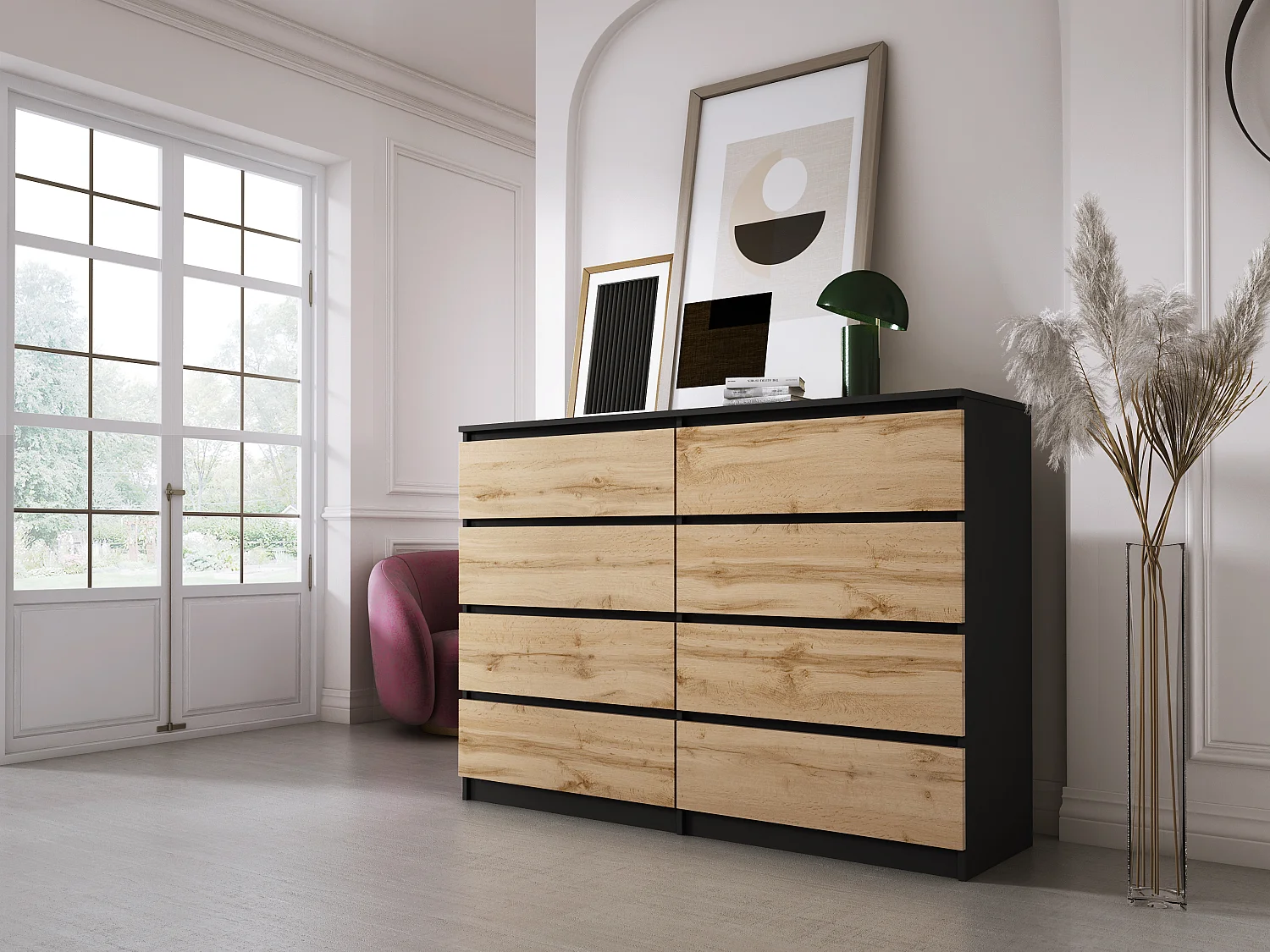 Commode 8 Tiroirs, Noir Mat / Wotan Chêne, 138 x 101 x 39 cm