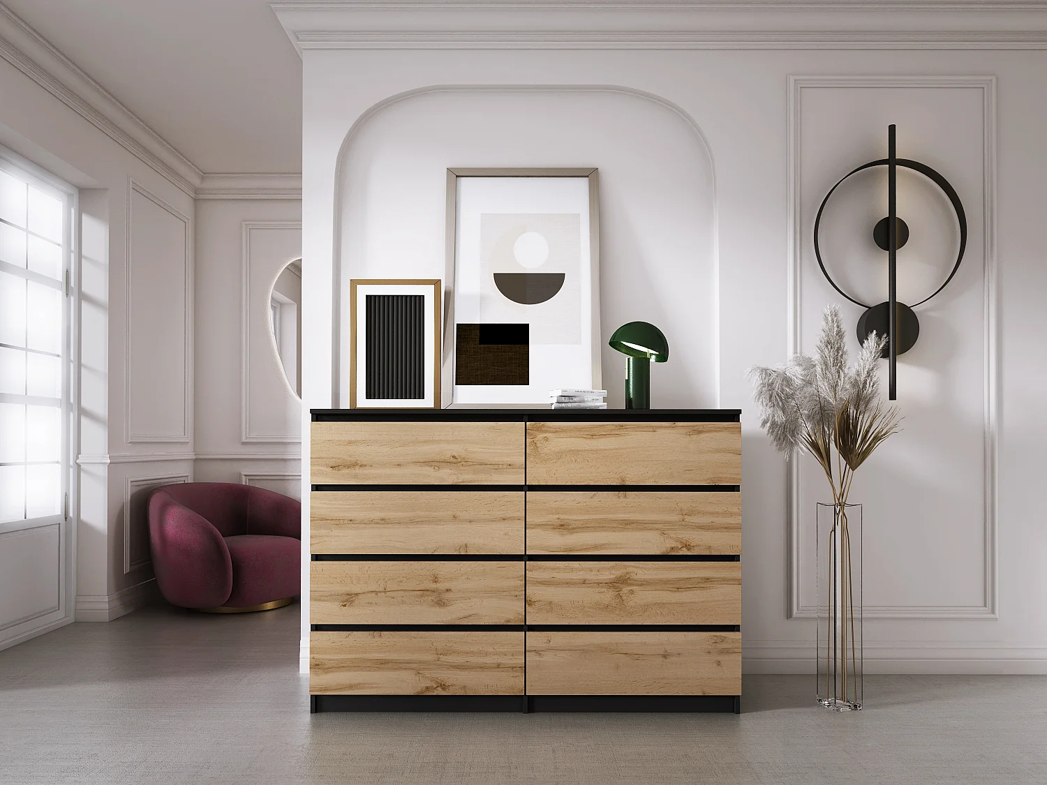 Commode 8 Tiroirs, Noir Mat / Wotan Chêne, 138 x 101 x 39 cm