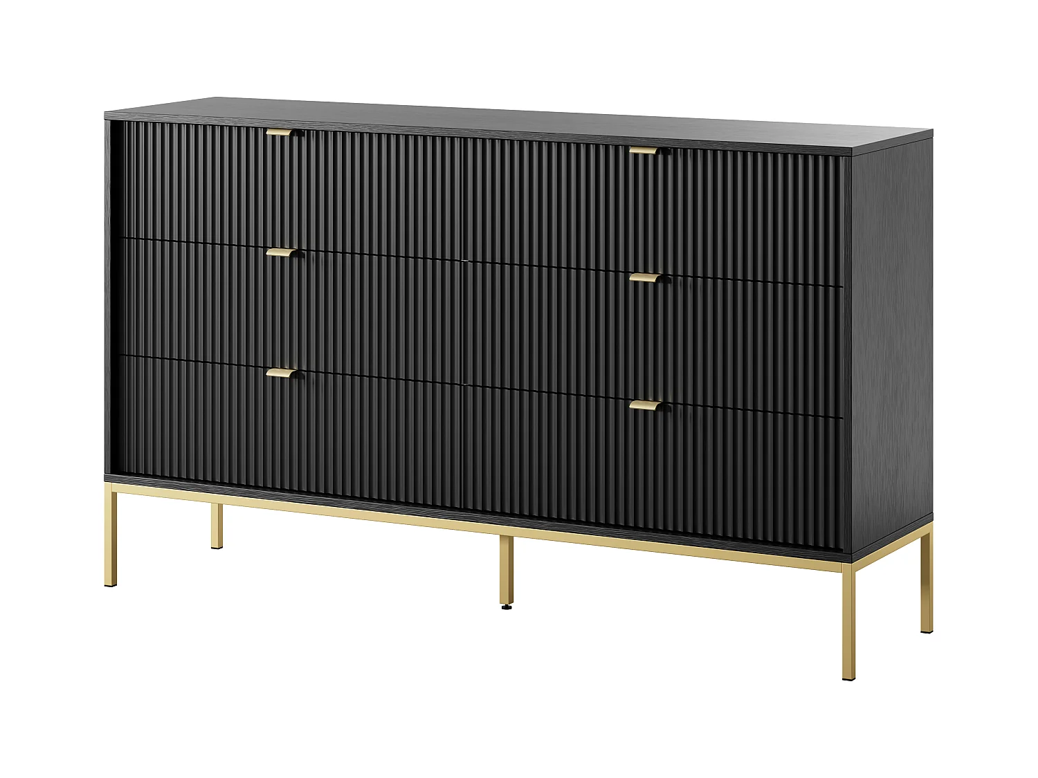 Komoda: 6 szuflad, czarna, złote nóżki, 154 x 39 x 83 cm, złote uchwyty