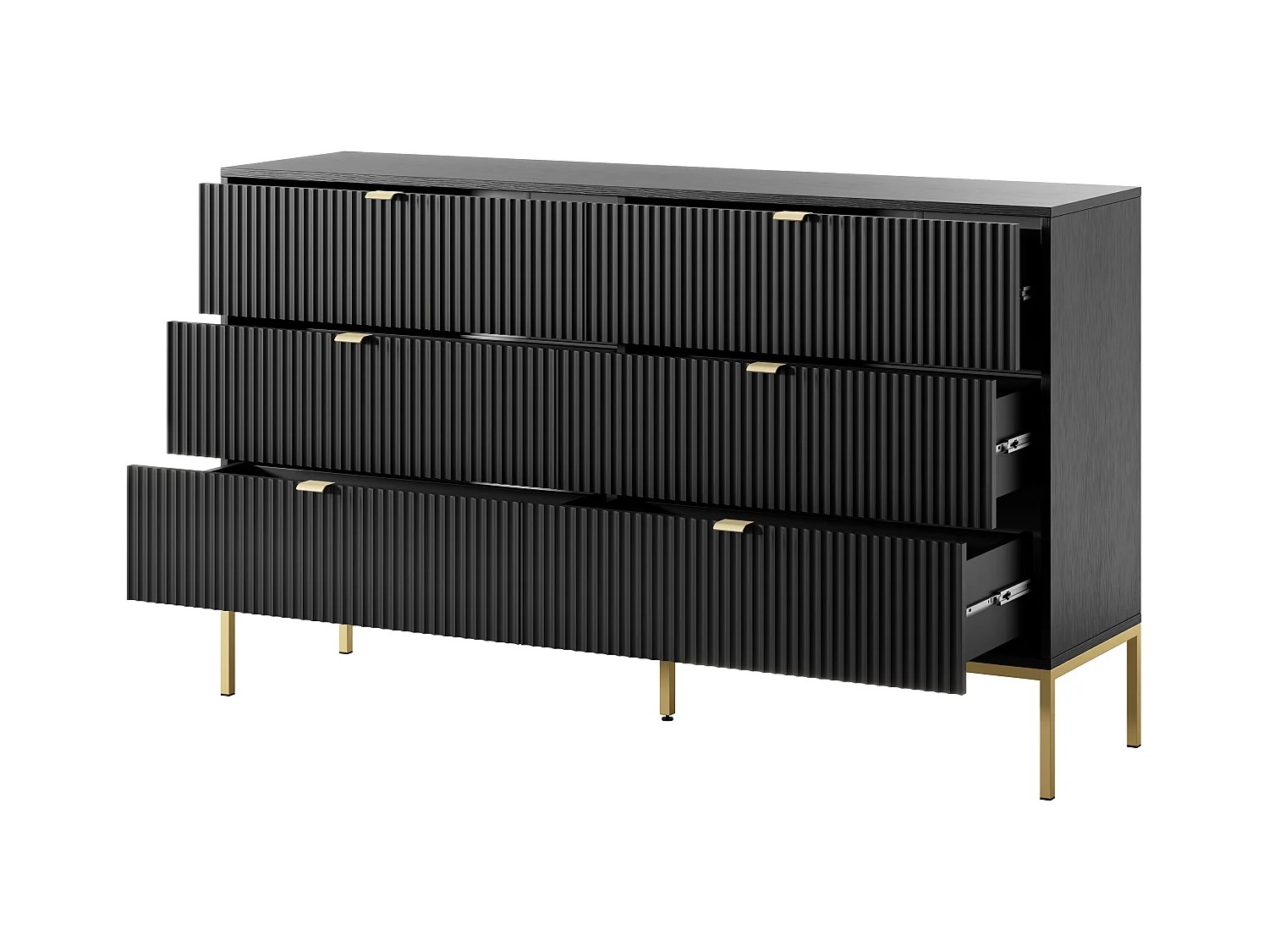 Komoda: 6 szuflad, czarna, złote nóżki, 154 x 39 x 83 cm, złote uchwyty