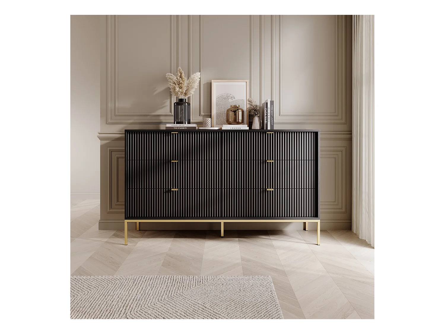 Komoda: 6 szuflad, czarna, złote nóżki, 154 x 39 x 83 cm, złote uchwyty