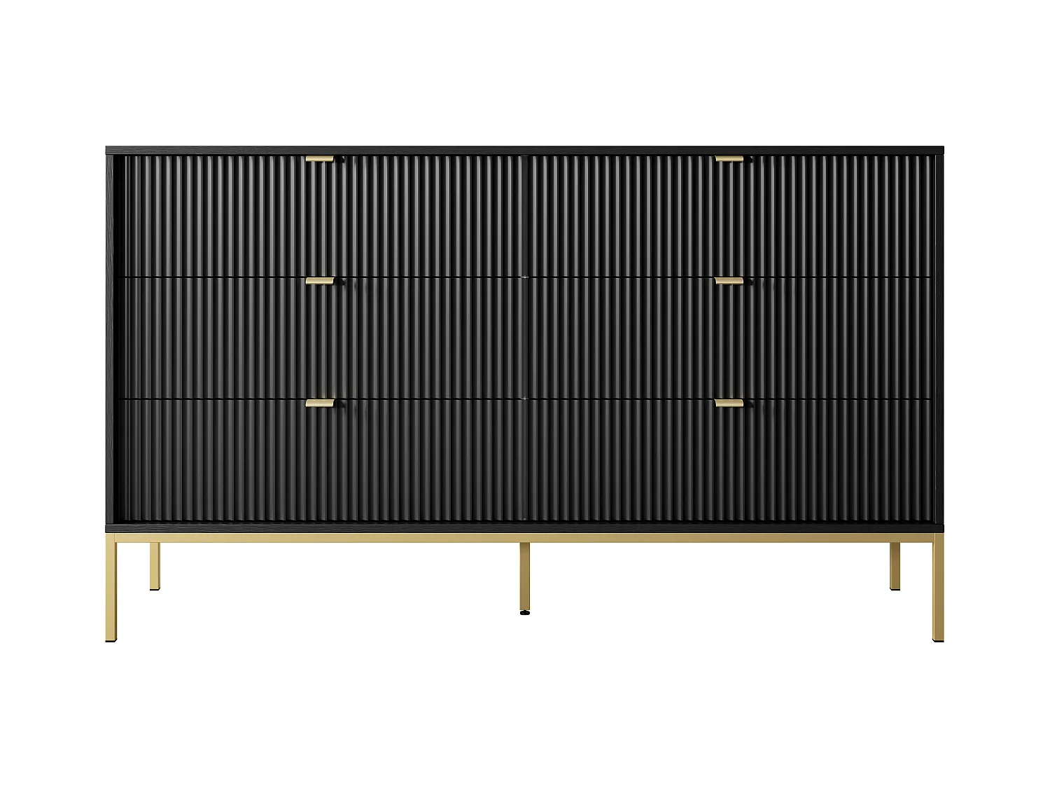 Kommode: 6 Schubladen, Schwarz, goldene Füße, 154 x 39 x 83 cm, goldene Griffe