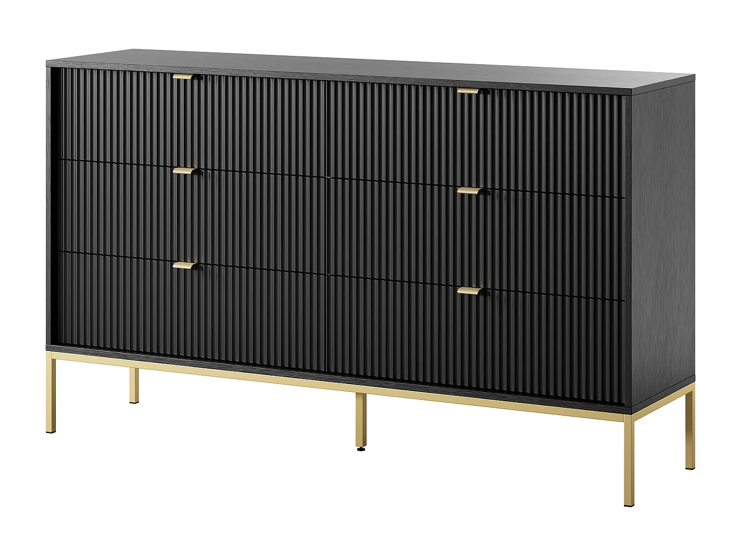Commode : 6 Tiroirs, Noir, Pieds Dorés, 154 x 39 x 83 cm, poignées dorées
