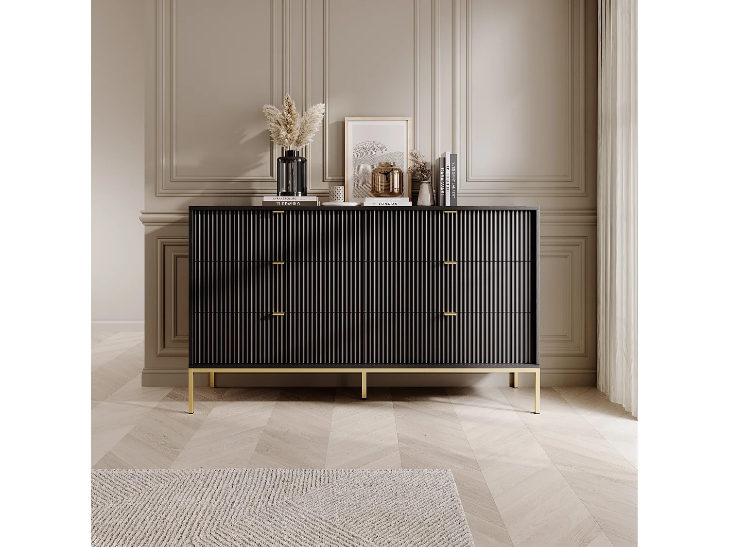 Commode : 6 Tiroirs, Noir, Pieds Dorés, 154 x 39 x 83 cm, poignées dorées