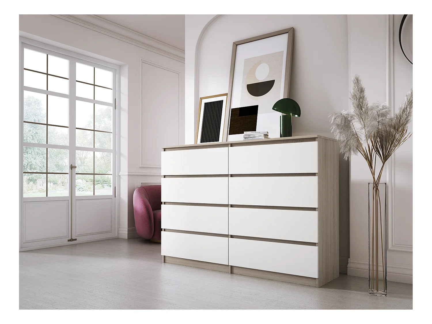 Commode 8 Tiroirs, Sonoma Chêne / Blanc Mat, 138 x 101 x 39 cm