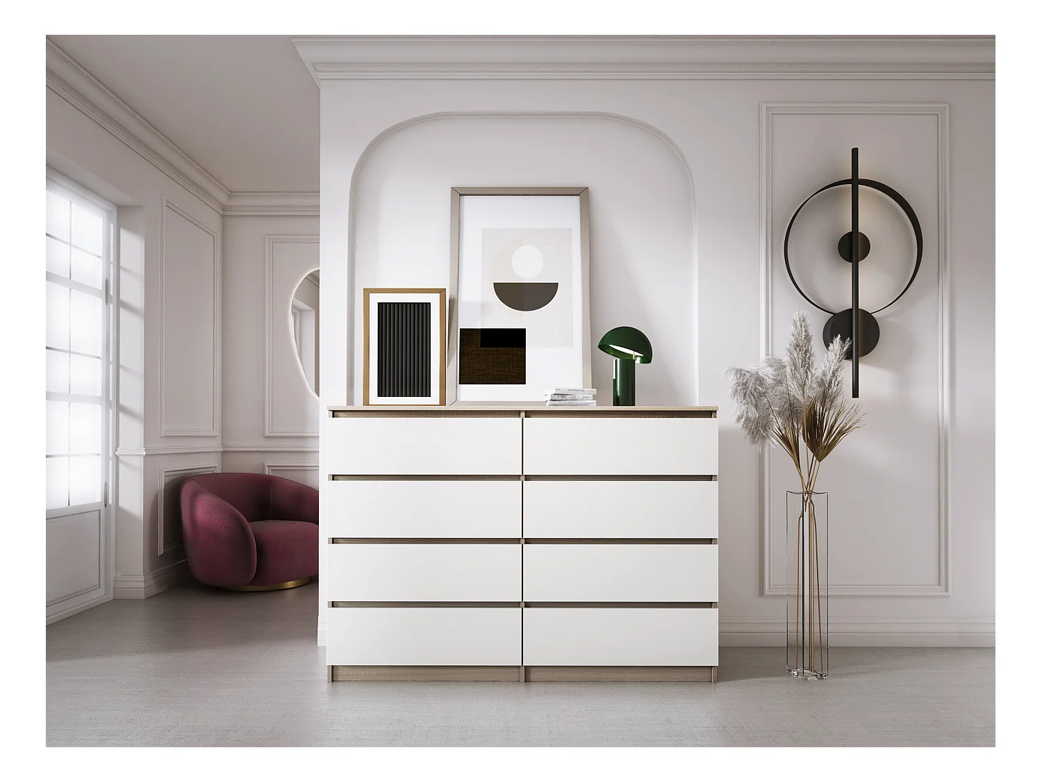 Commode 8 Tiroirs, Sonoma Chêne / Blanc Mat, 138 x 101 x 39 cm