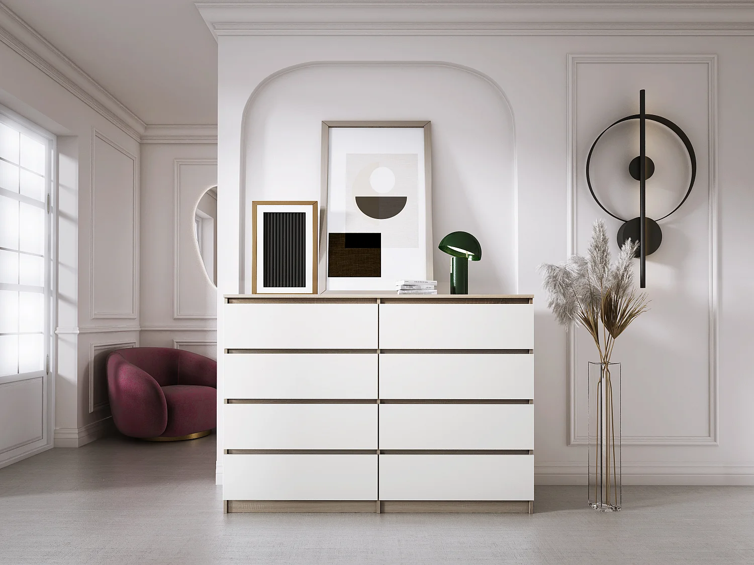 Commode 8 Tiroirs, Sonoma Chêne / Blanc Mat, 138 x 101 x 39 cm