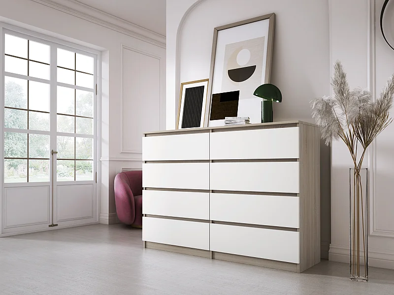 Cômoda com 8 gavetas, Carvalho Sonoma / Branco Mate, 138 x 101 x 39 cm