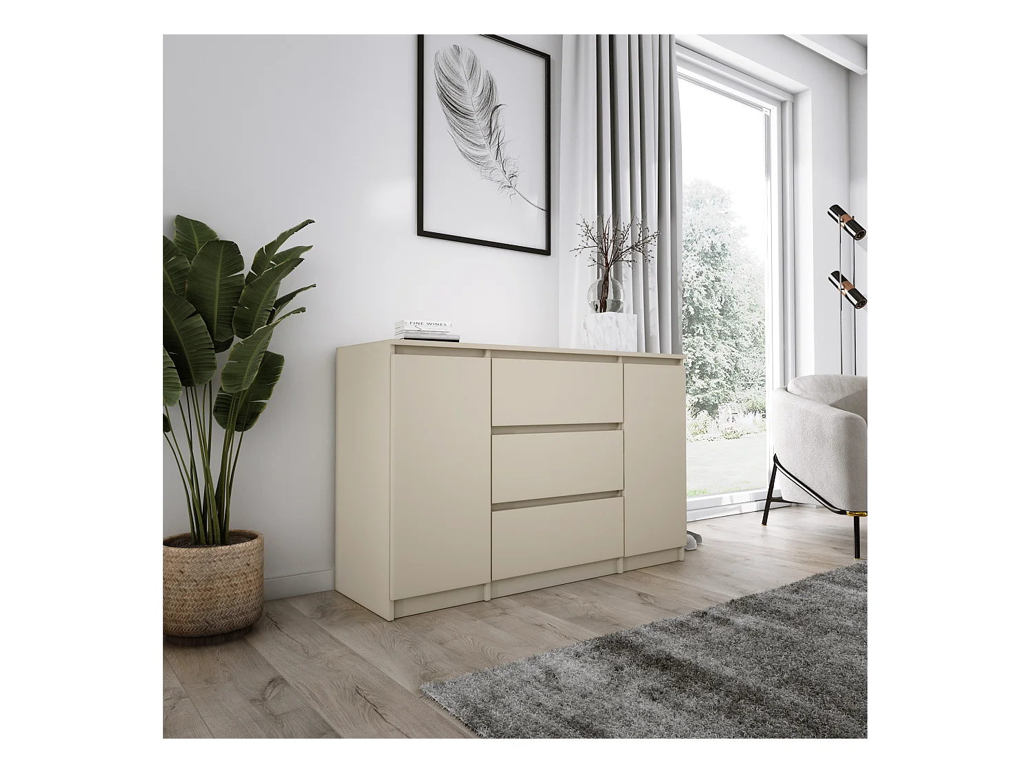 Commode 2 portes 3 tiroirs, 120 x 78 x 39 cm, couleur: Beige
