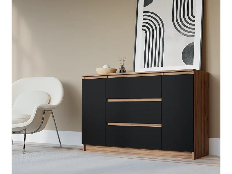 Kommode, Wotan Eiche / Schwarz, 120 x 78 x 39 cm, 2 Türen, 3 Schubladen