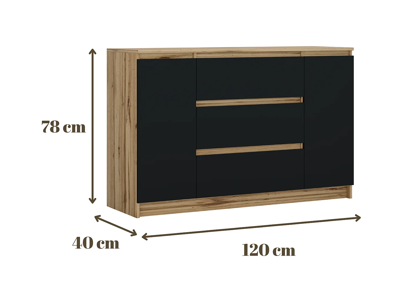 Komoda, Dąb Wotan / Czarny, 120 x 78 x 39 cm, 2 drzwi, 3 szuflady