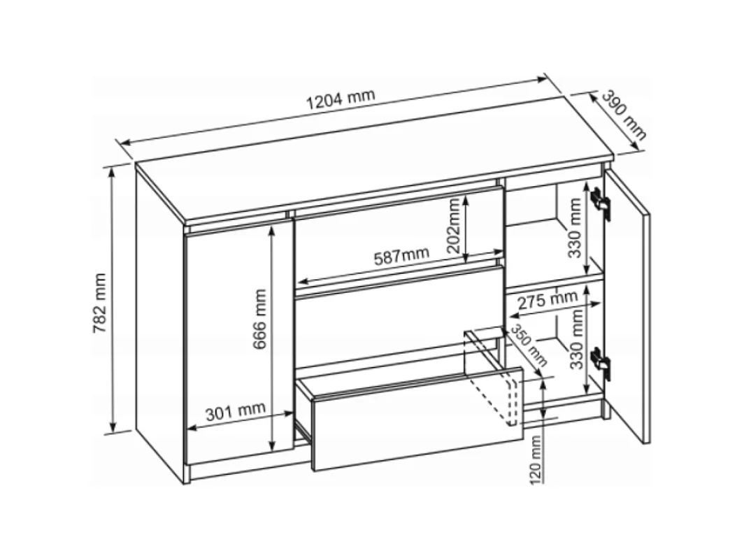Komoda, Dąb Wotan / Czarny, 120 x 78 x 39 cm, 2 drzwi, 3 szuflady