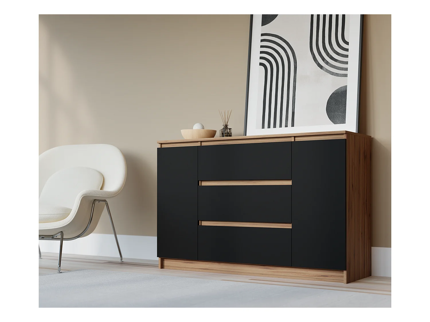 Commode, Chêne Wotan / Noir, 120 x 78 x 39 cm, 2 portes, 3 tiroirs